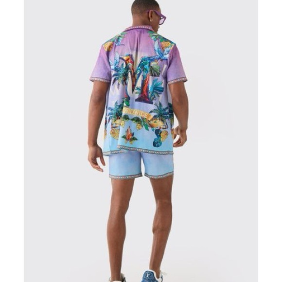New boohoo MAN SHORT SLEEVE SATIN OMBRE PALM SHIRT & SHORT - Picture 3 of 6